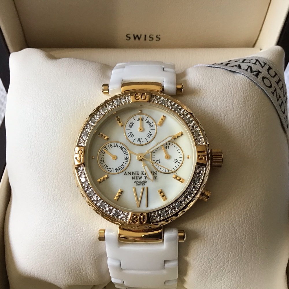 Anne Klein Swiss genuine diamond gold tone white ceramic mother of pearl watch - Picture 8 of 12